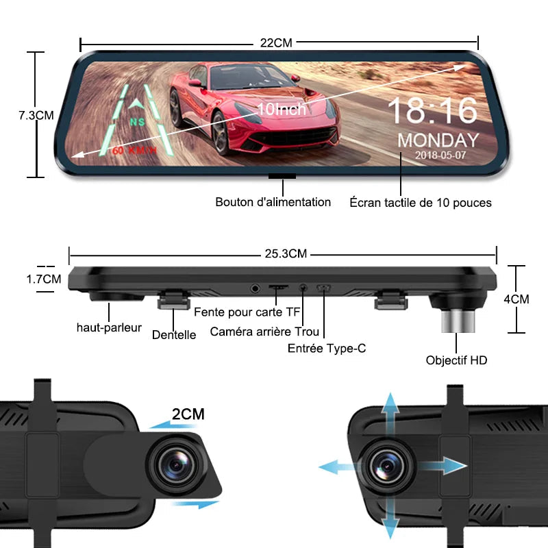 Marcherelle™ – Rétroviseur Dashcam Voiture Full HD – Écran Tactile 10" & Vision Nocturne