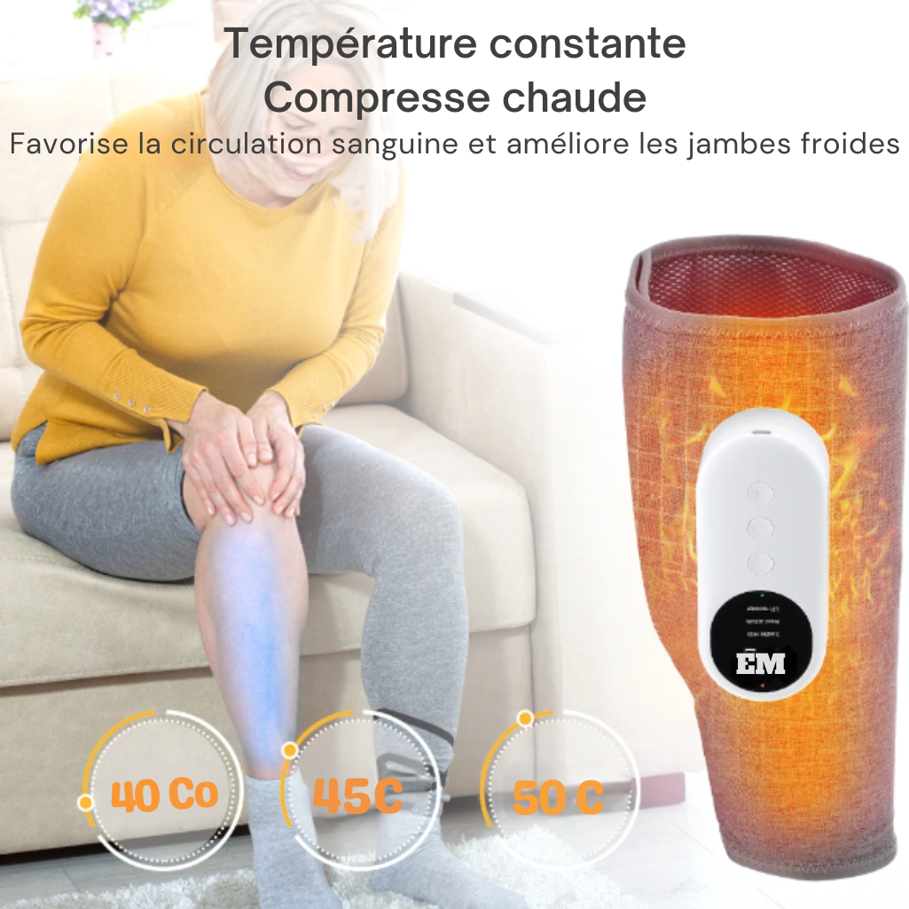 Masseur pour mollets avec fonction de compresse chaude à température constante, favorisant la circulation sanguine et améliorant les jambes froides. Trois niveaux de température : 40°C, 45°C, 50°C.