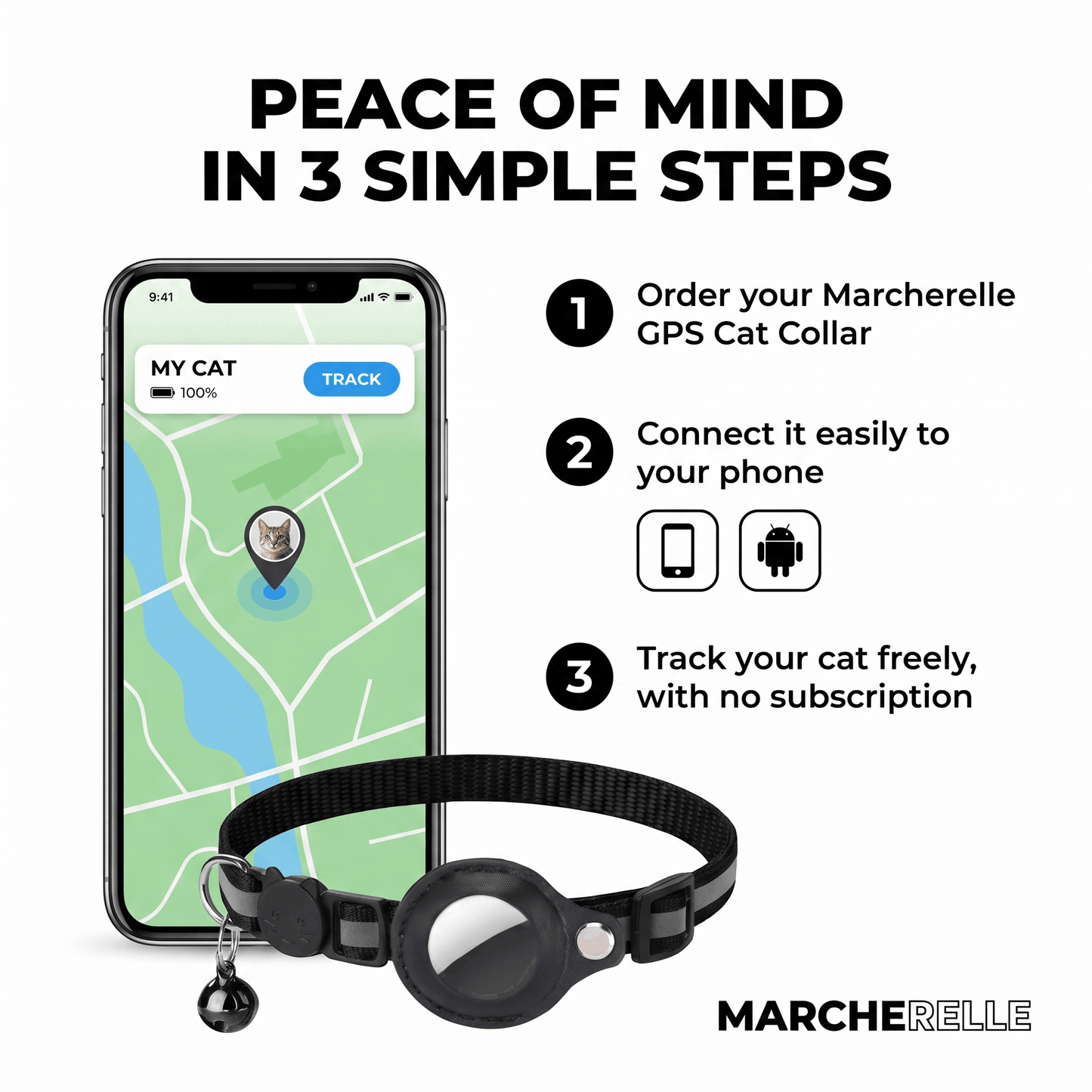 Macherelle™ – Obroża GPS dla kota bez abonamentu | Kompatybilna z iOS i Android